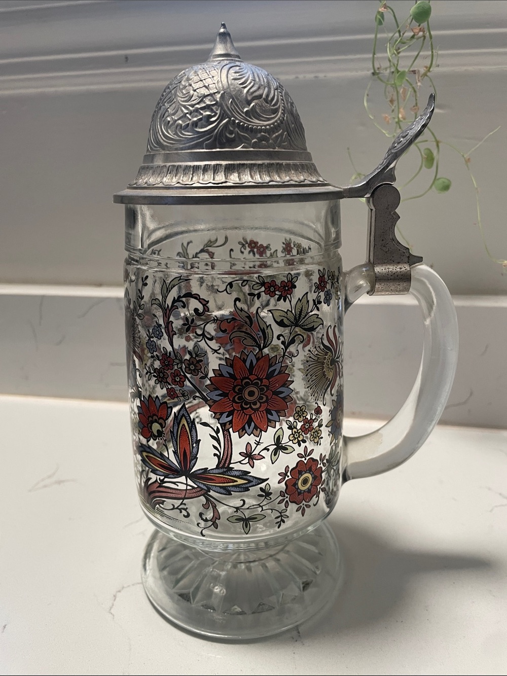 Vintage Floral Glass Beer Stein with Pewter Lid